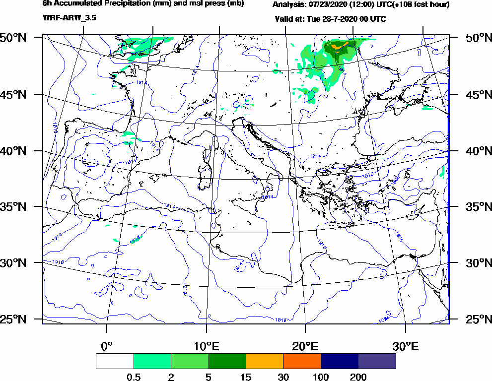 6h Accumulated Precipitation (mm) and msl press (mb) - 2020-07-27 18:00