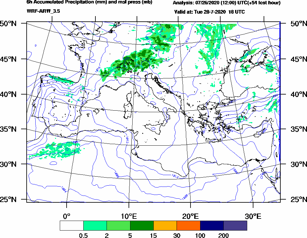6h Accumulated Precipitation (mm) and msl press (mb) - 2020-07-28 12:00