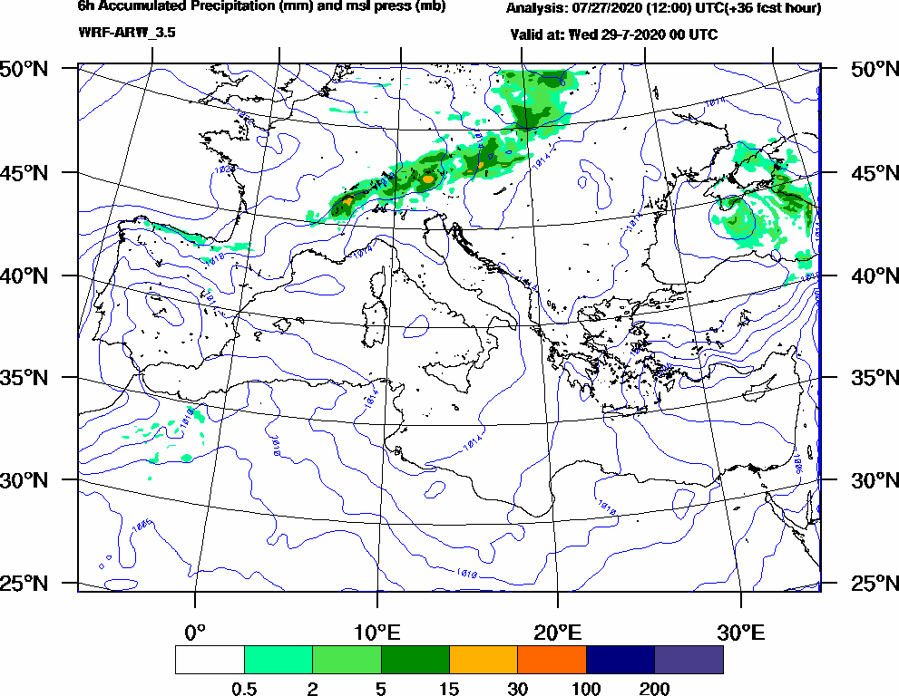 6h Accumulated Precipitation (mm) and msl press (mb) - 2020-07-28 18:00