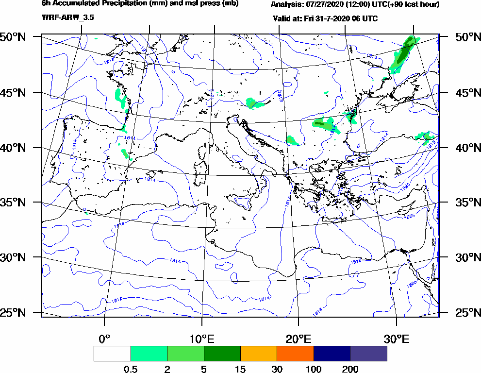 6h Accumulated Precipitation (mm) and msl press (mb) - 2020-07-31 00:00
