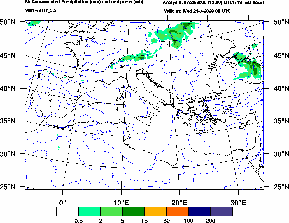 6h Accumulated Precipitation (mm) and msl press (mb) - 2020-07-29 00:00