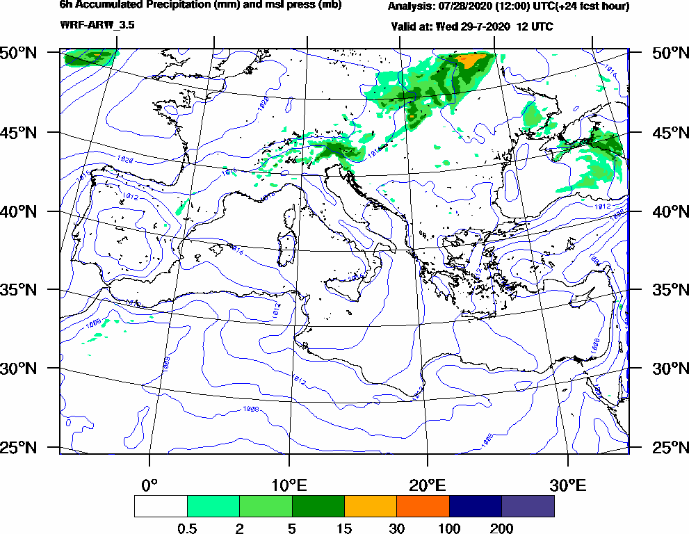 6h Accumulated Precipitation (mm) and msl press (mb) - 2020-07-29 06:00