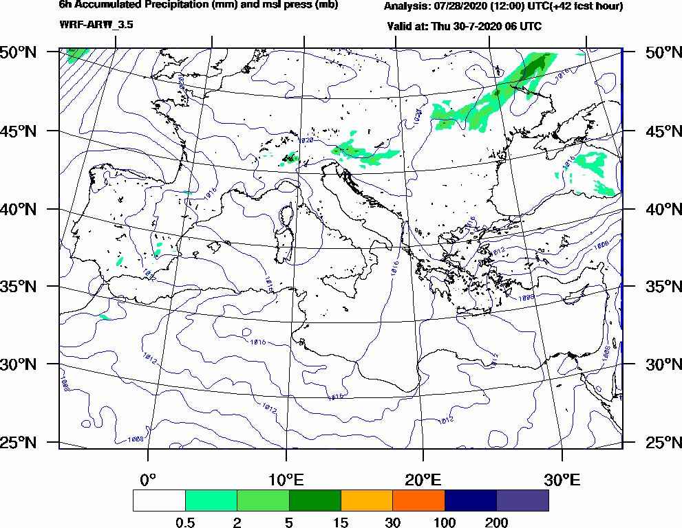 6h Accumulated Precipitation (mm) and msl press (mb) - 2020-07-30 00:00