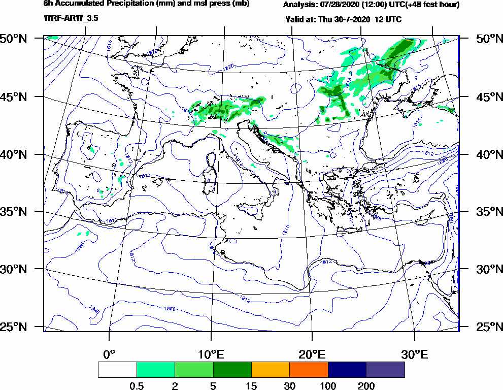 6h Accumulated Precipitation (mm) and msl press (mb) - 2020-07-30 06:00