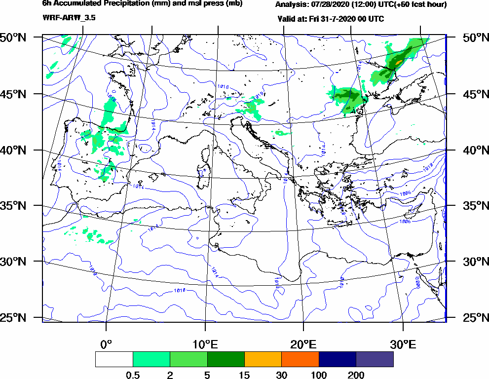 6h Accumulated Precipitation (mm) and msl press (mb) - 2020-07-30 18:00