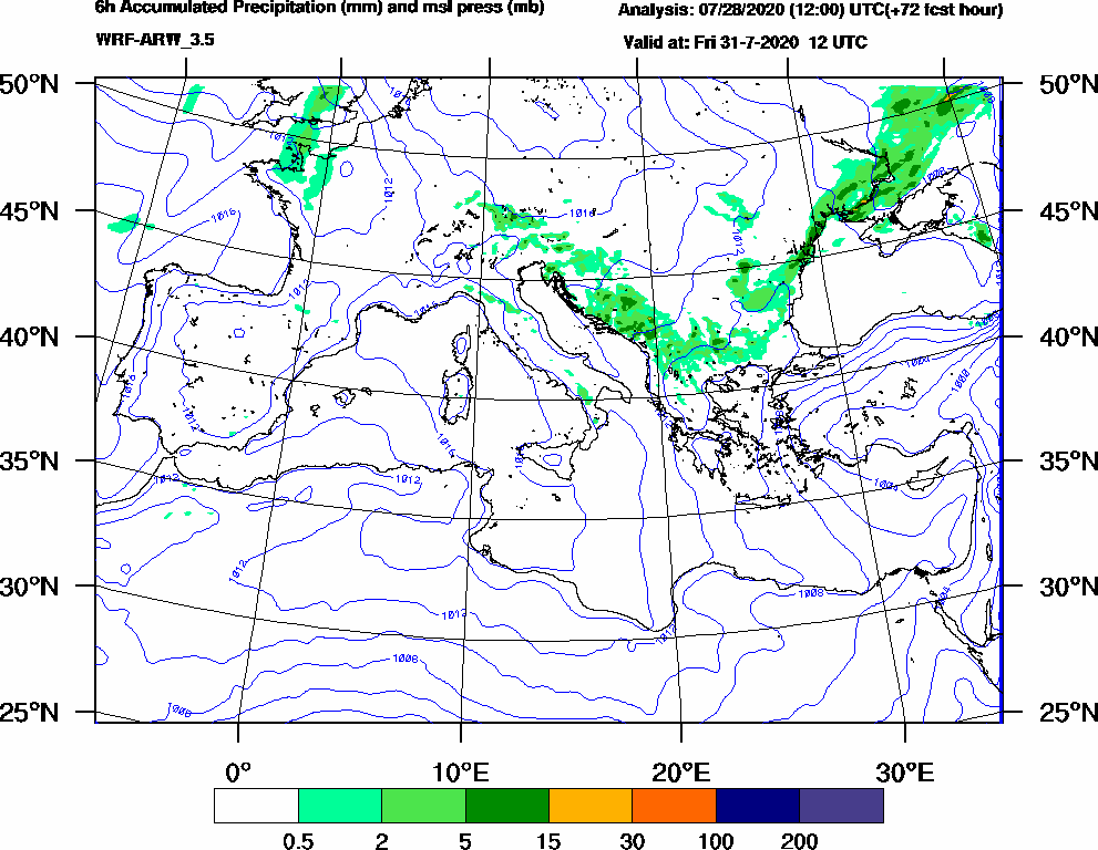 6h Accumulated Precipitation (mm) and msl press (mb) - 2020-07-31 06:00