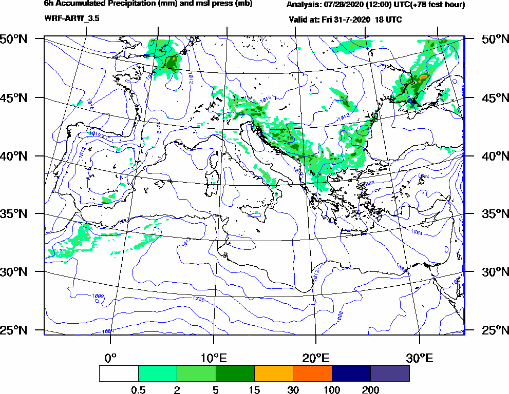 6h Accumulated Precipitation (mm) and msl press (mb) - 2020-07-31 12:00