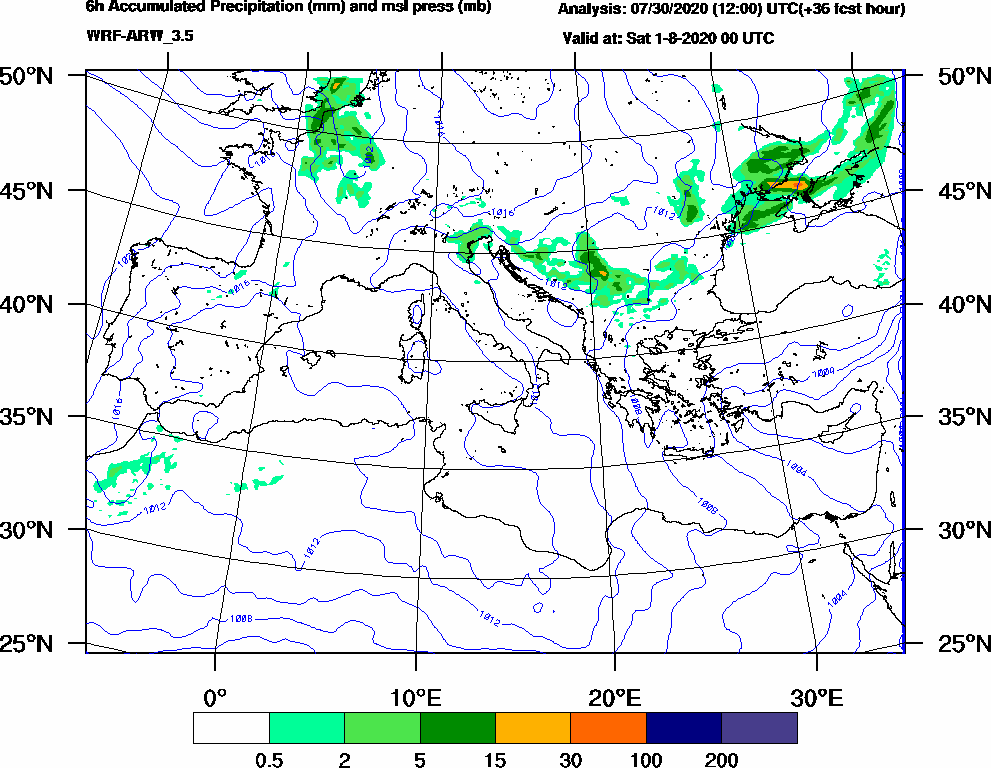 6h Accumulated Precipitation (mm) and msl press (mb) - 2020-07-31 18:00