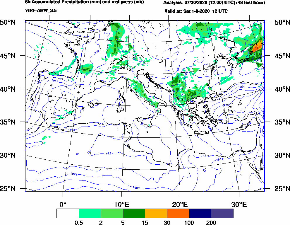 6h Accumulated Precipitation (mm) and msl press (mb) - 2020-08-01 06:00