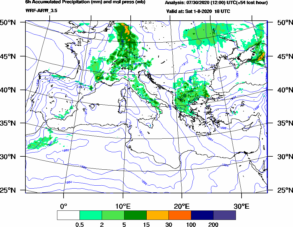 6h Accumulated Precipitation (mm) and msl press (mb) - 2020-08-01 12:00