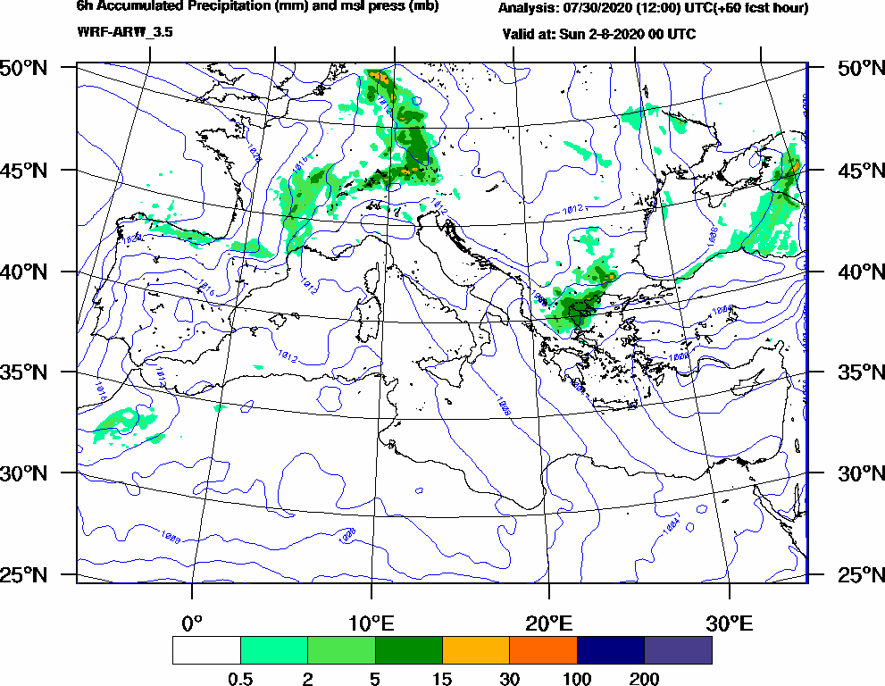 6h Accumulated Precipitation (mm) and msl press (mb) - 2020-08-01 18:00