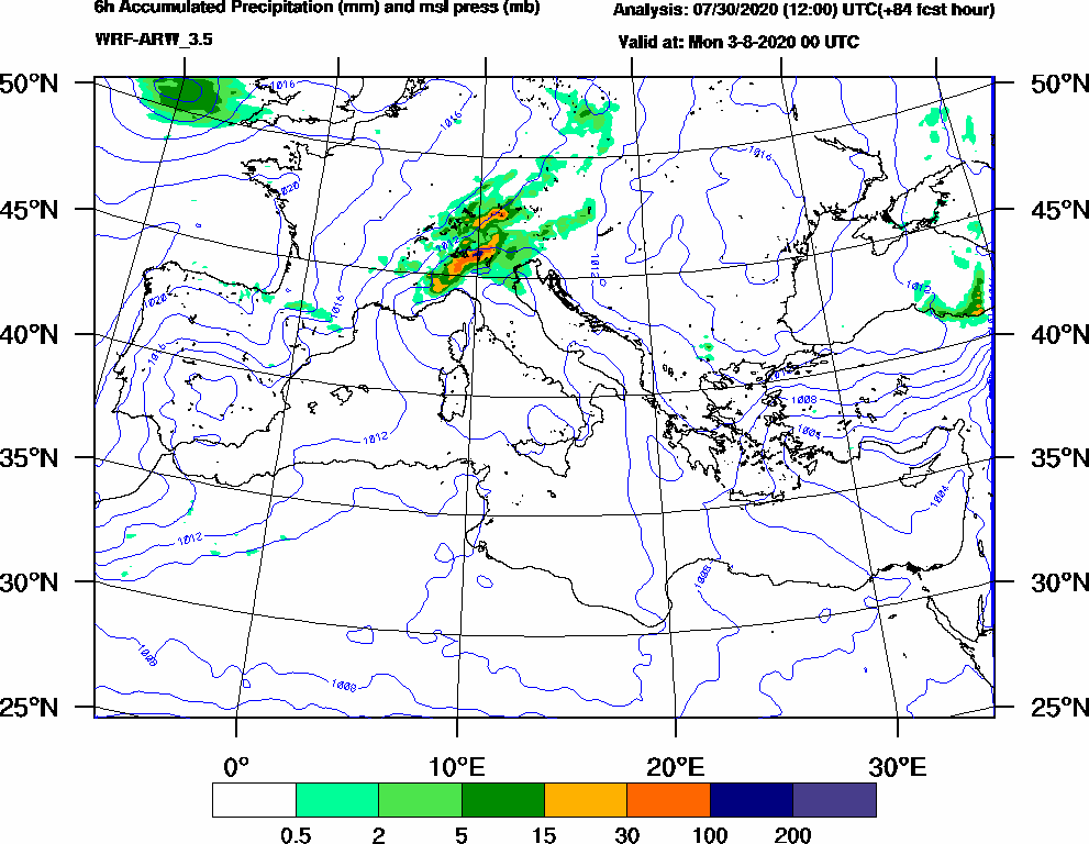 6h Accumulated Precipitation (mm) and msl press (mb) - 2020-08-02 18:00
