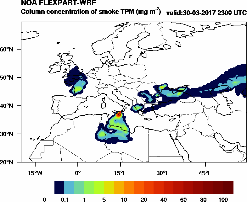 Column concentration of smoke TPM - 2017-03-30 23:00