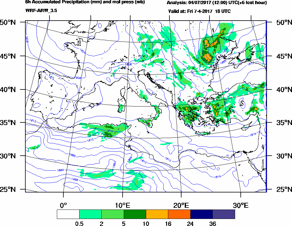 6h Accumulated Precipitation (mm) and msl press (mb) - 2017-04-07 12:00