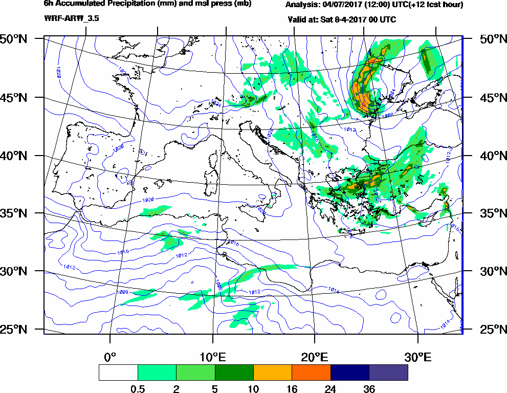 6h Accumulated Precipitation (mm) and msl press (mb) - 2017-04-07 18:00