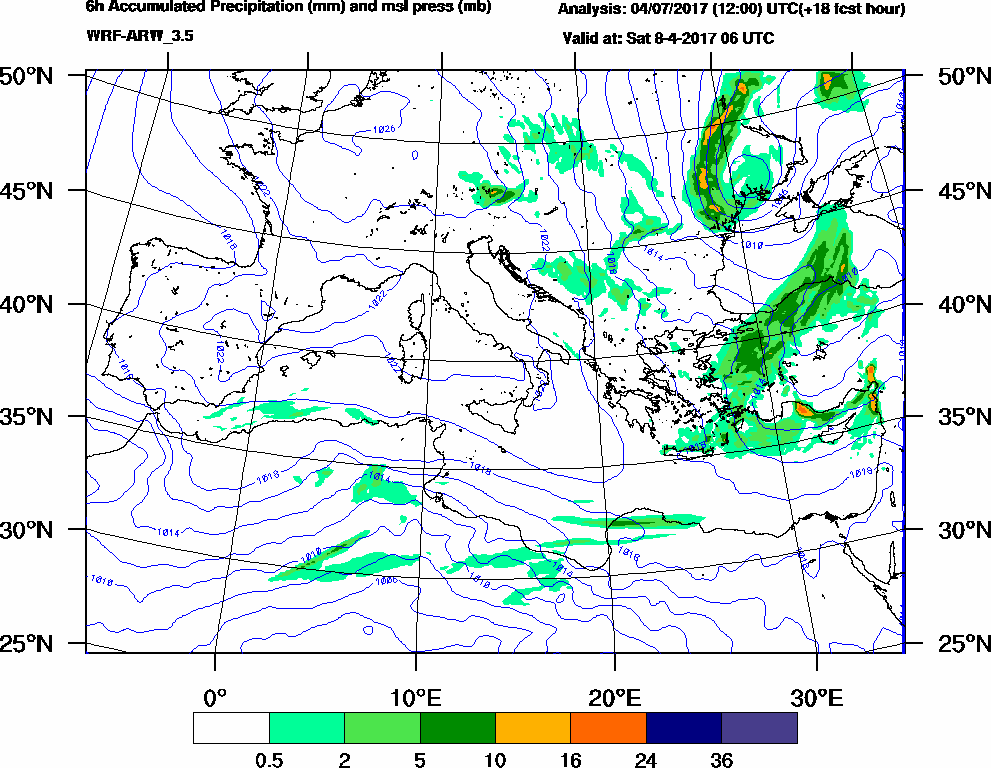 6h Accumulated Precipitation (mm) and msl press (mb) - 2017-04-08 00:00