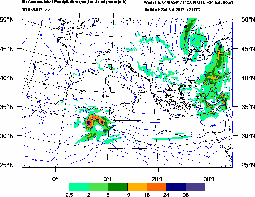 6h Accumulated Precipitation (mm) and msl press (mb) - 2017-04-08 06:00