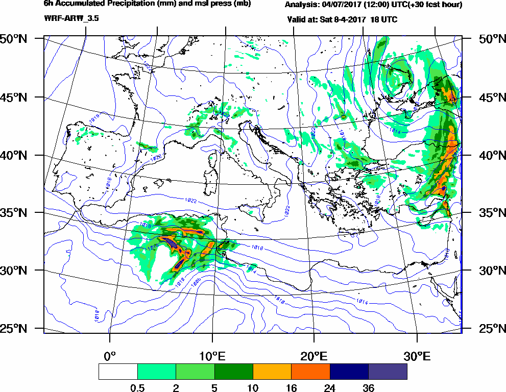 6h Accumulated Precipitation (mm) and msl press (mb) - 2017-04-08 12:00