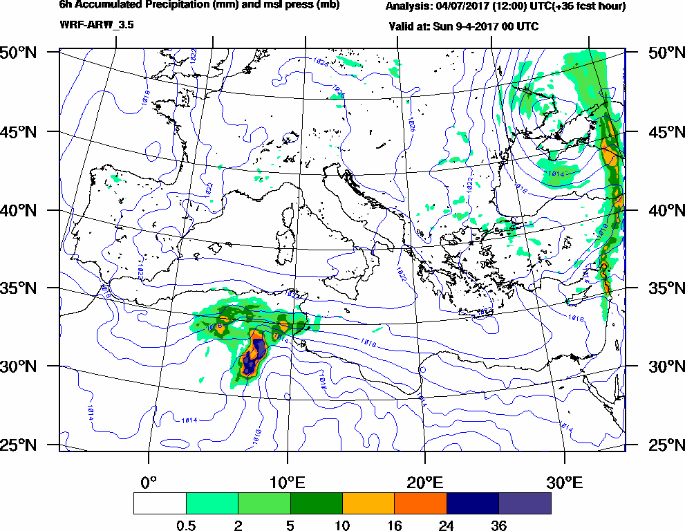 6h Accumulated Precipitation (mm) and msl press (mb) - 2017-04-08 18:00