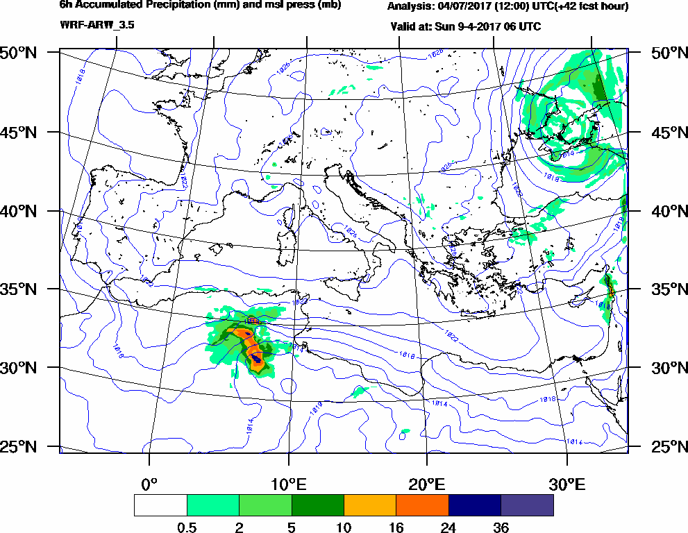 6h Accumulated Precipitation (mm) and msl press (mb) - 2017-04-09 00:00