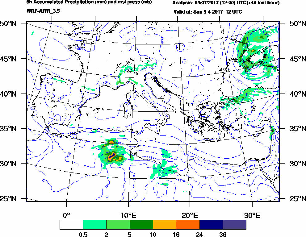 6h Accumulated Precipitation (mm) and msl press (mb) - 2017-04-09 06:00