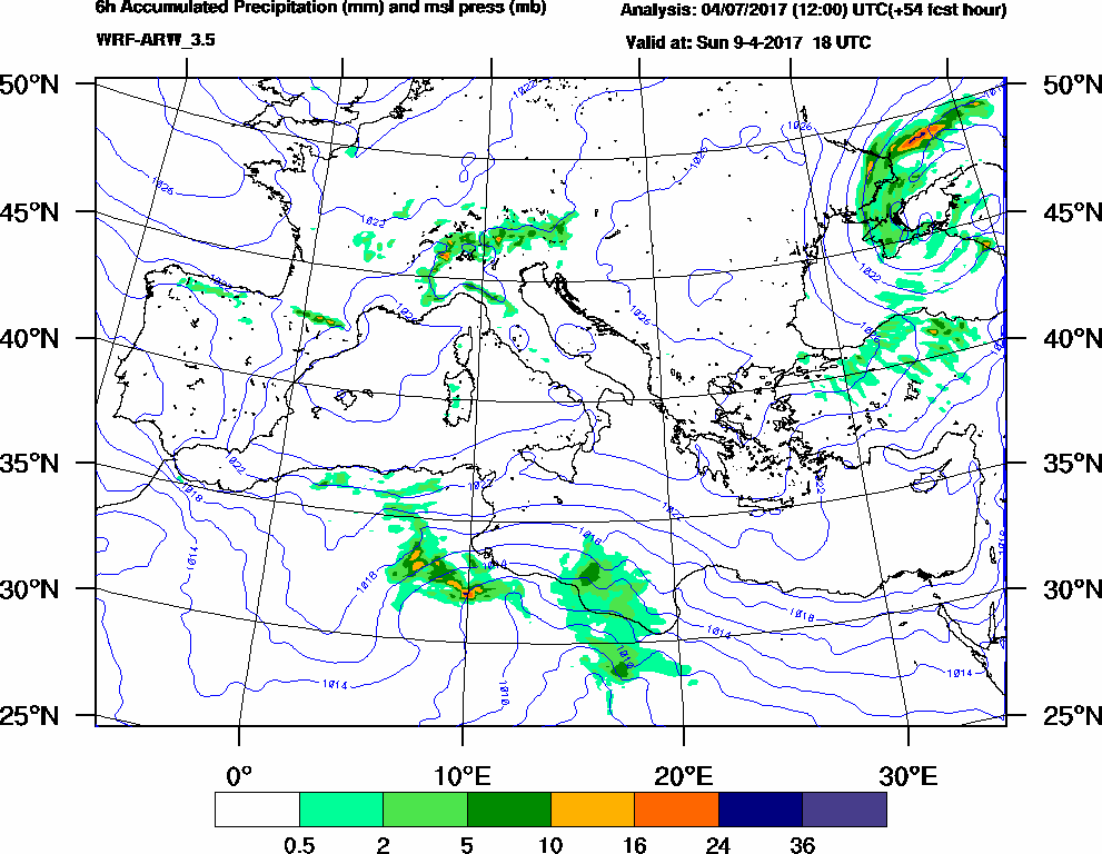 6h Accumulated Precipitation (mm) and msl press (mb) - 2017-04-09 12:00