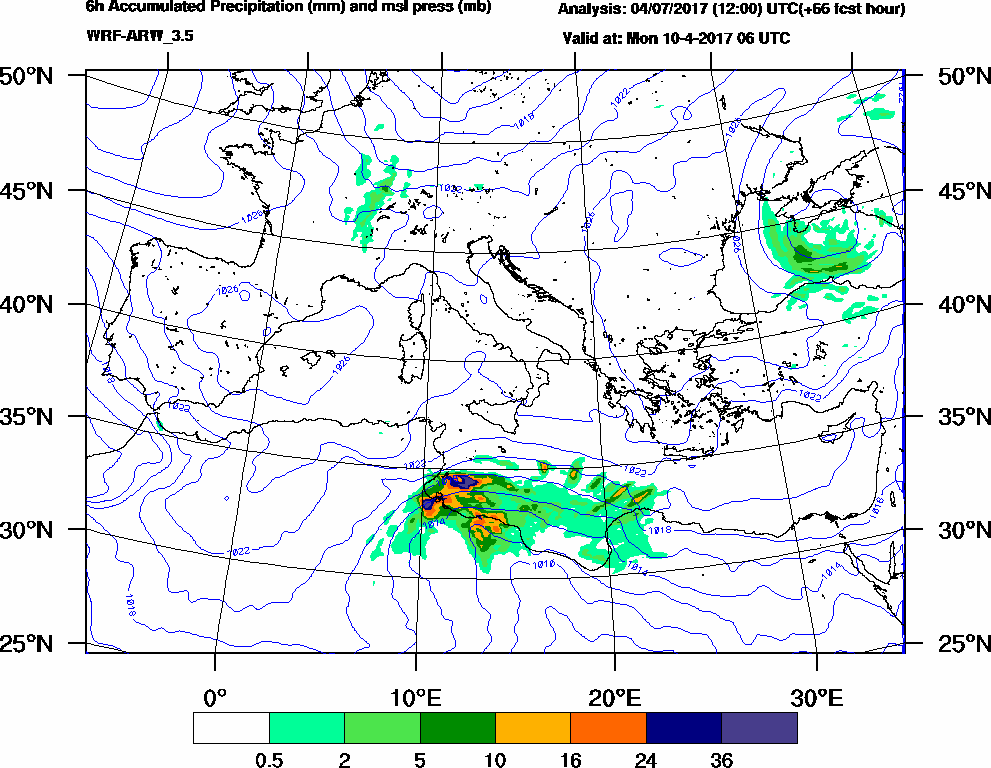 6h Accumulated Precipitation (mm) and msl press (mb) - 2017-04-10 00:00