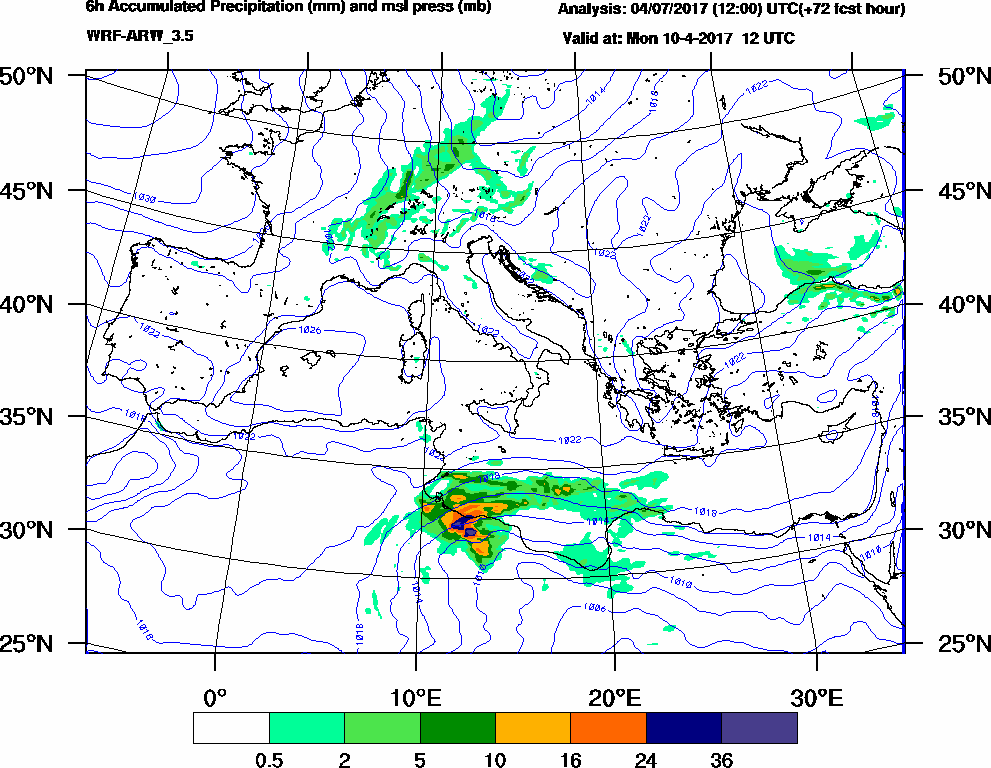 6h Accumulated Precipitation (mm) and msl press (mb) - 2017-04-10 06:00