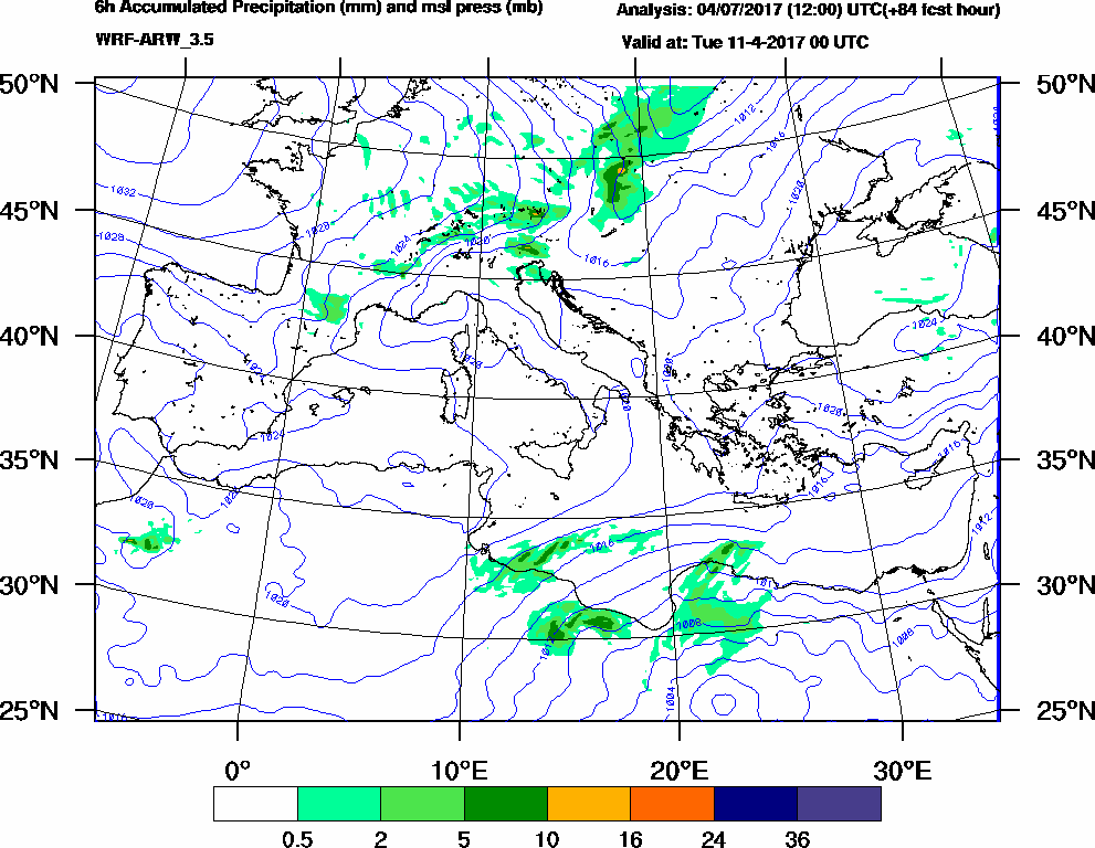 6h Accumulated Precipitation (mm) and msl press (mb) - 2017-04-10 18:00