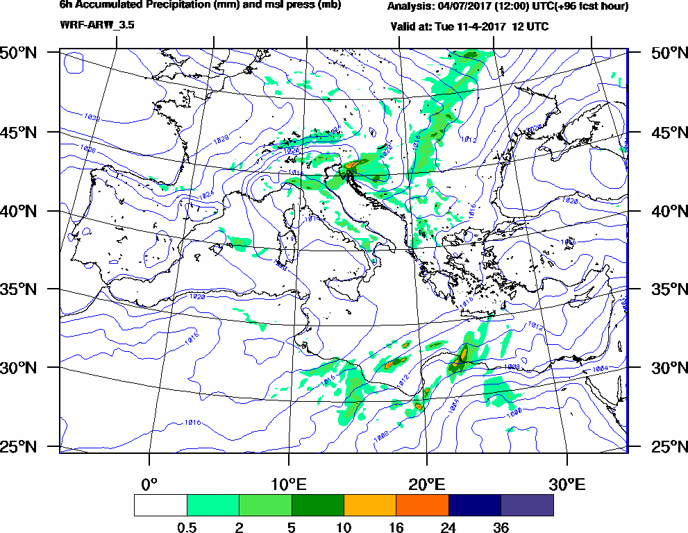 6h Accumulated Precipitation (mm) and msl press (mb) - 2017-04-11 06:00