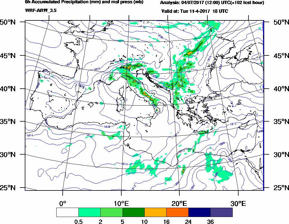 6h Accumulated Precipitation (mm) and msl press (mb) - 2017-04-11 12:00