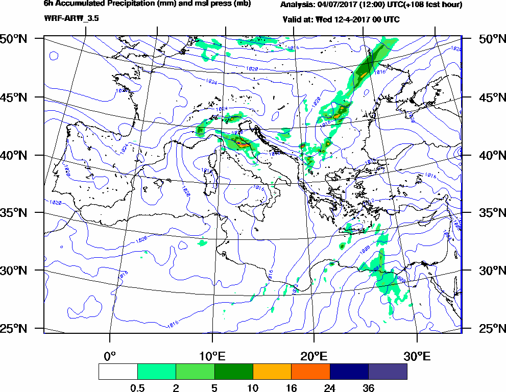 6h Accumulated Precipitation (mm) and msl press (mb) - 2017-04-11 18:00