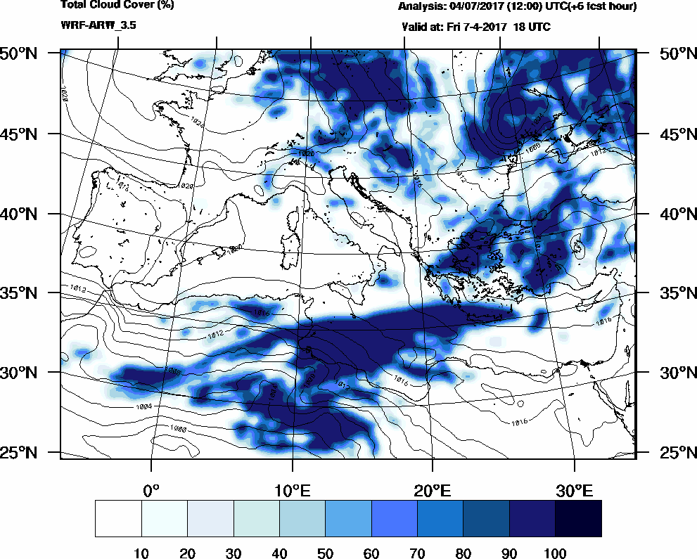 Total cloud cover (%) - 2017-04-07 12:00