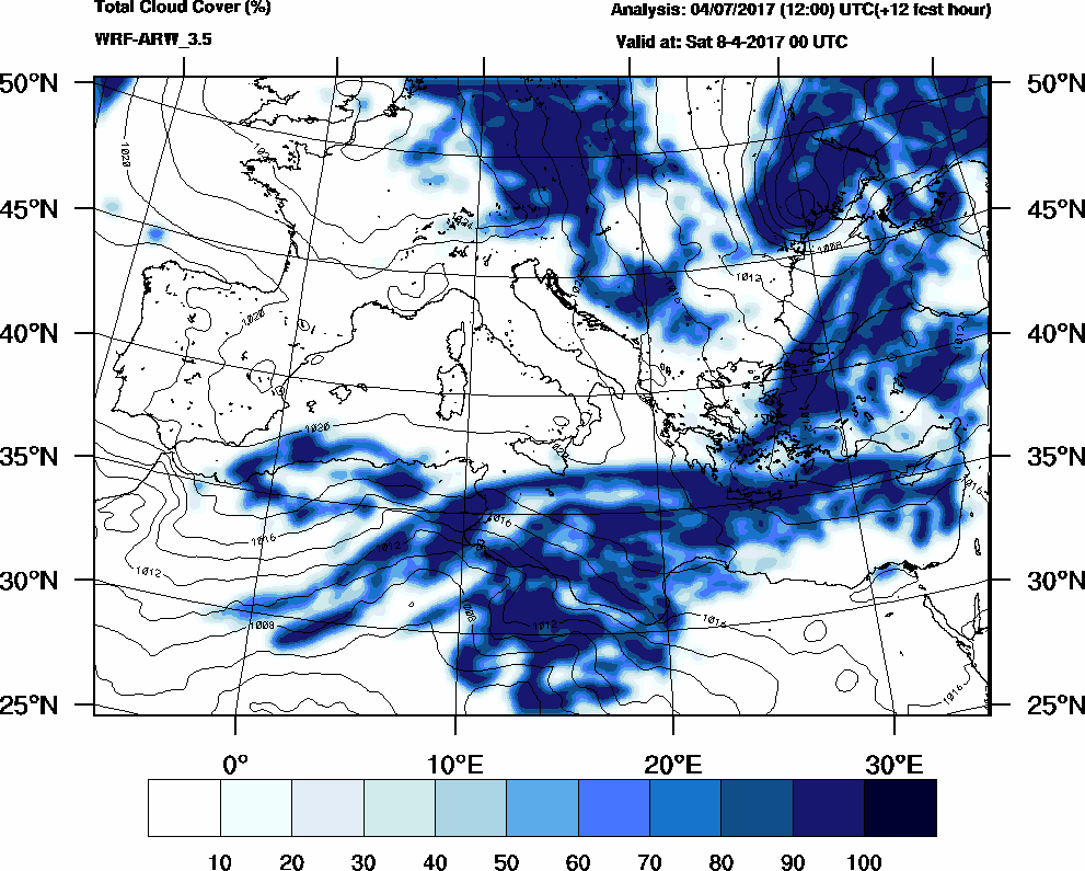 Total cloud cover (%) - 2017-04-07 18:00