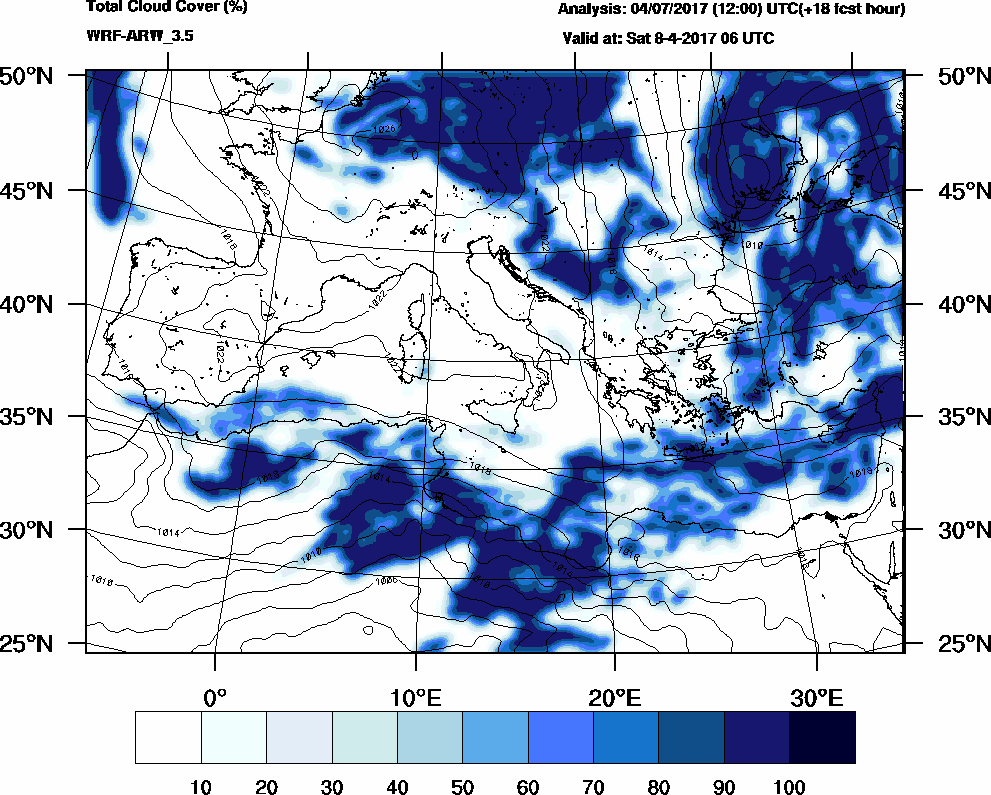 Total cloud cover (%) - 2017-04-08 00:00