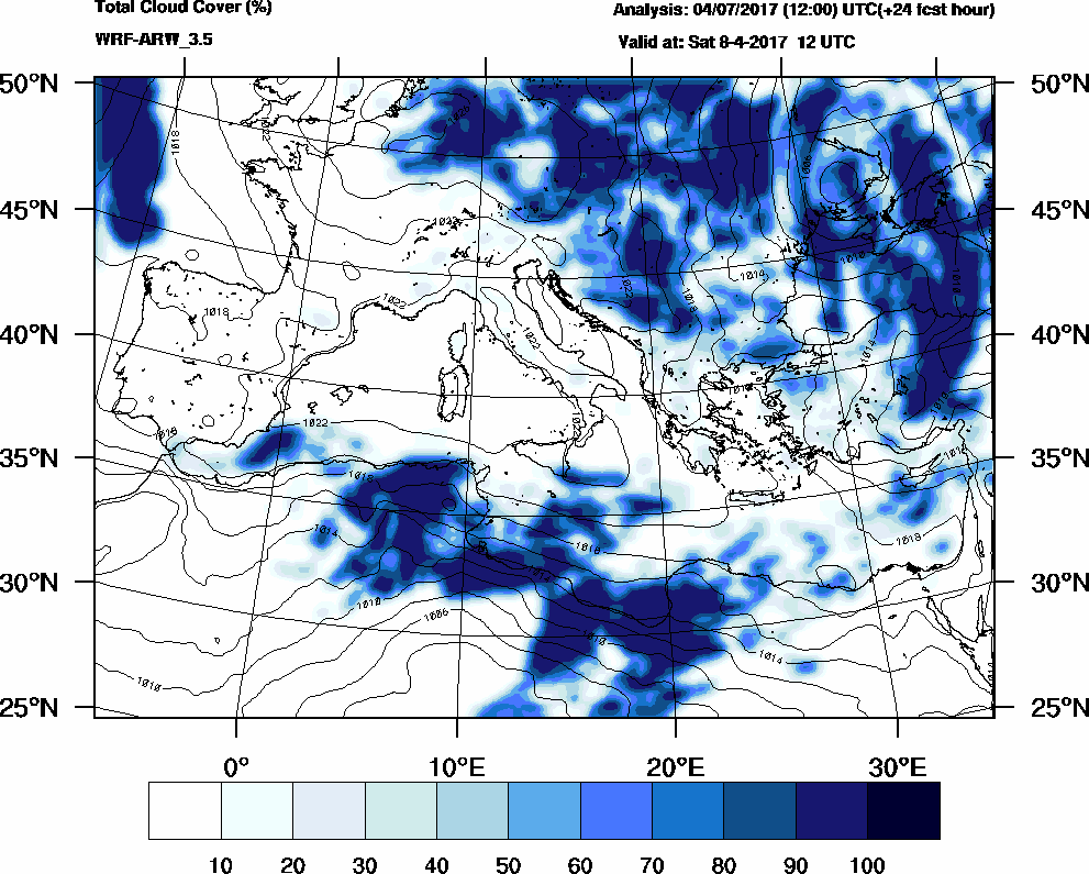 Total cloud cover (%) - 2017-04-08 06:00