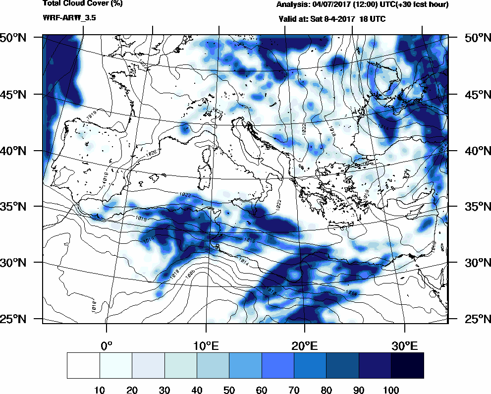 Total cloud cover (%) - 2017-04-08 12:00