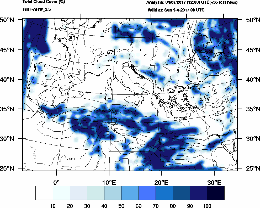 Total cloud cover (%) - 2017-04-08 18:00