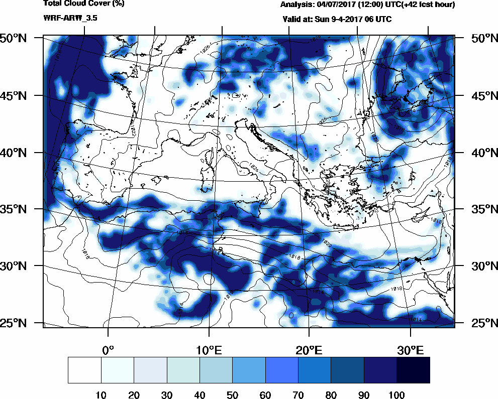 Total cloud cover (%) - 2017-04-09 00:00