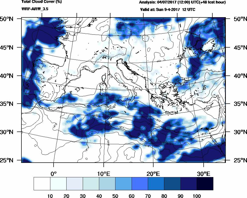 Total cloud cover (%) - 2017-04-09 06:00