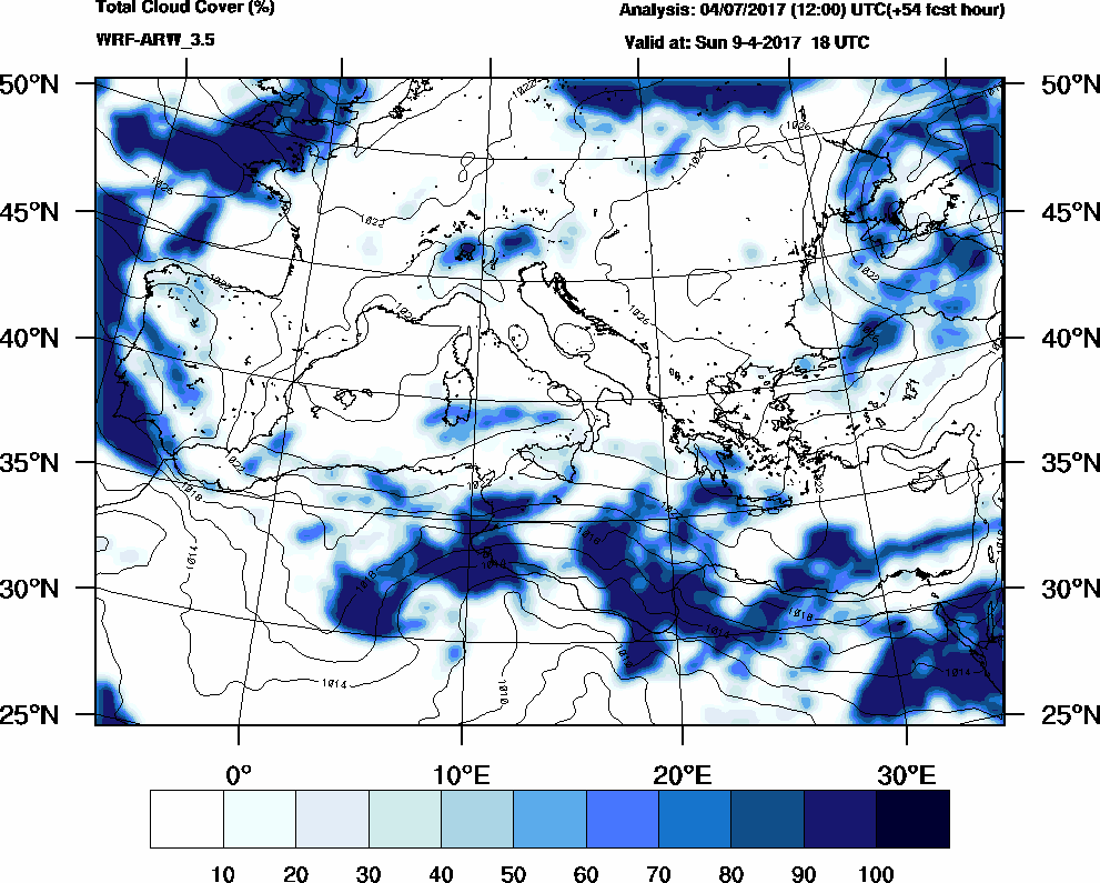 Total cloud cover (%) - 2017-04-09 12:00