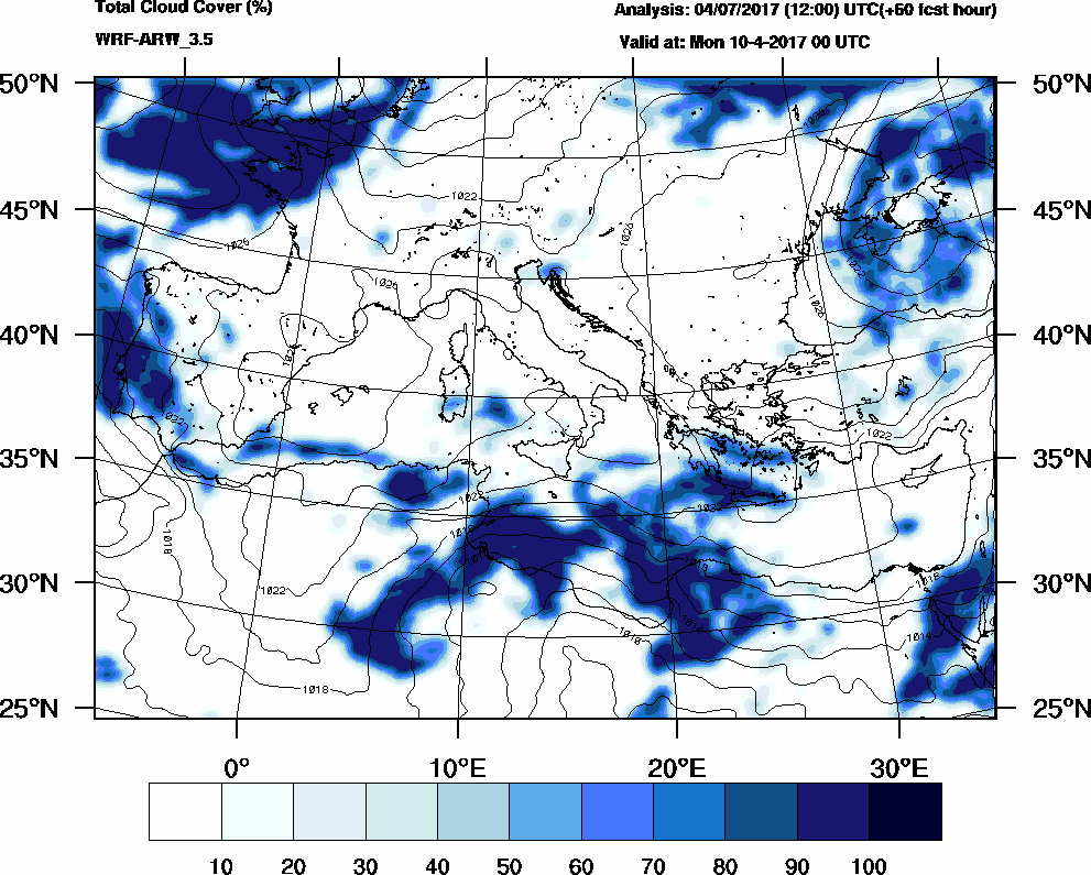 Total cloud cover (%) - 2017-04-09 18:00