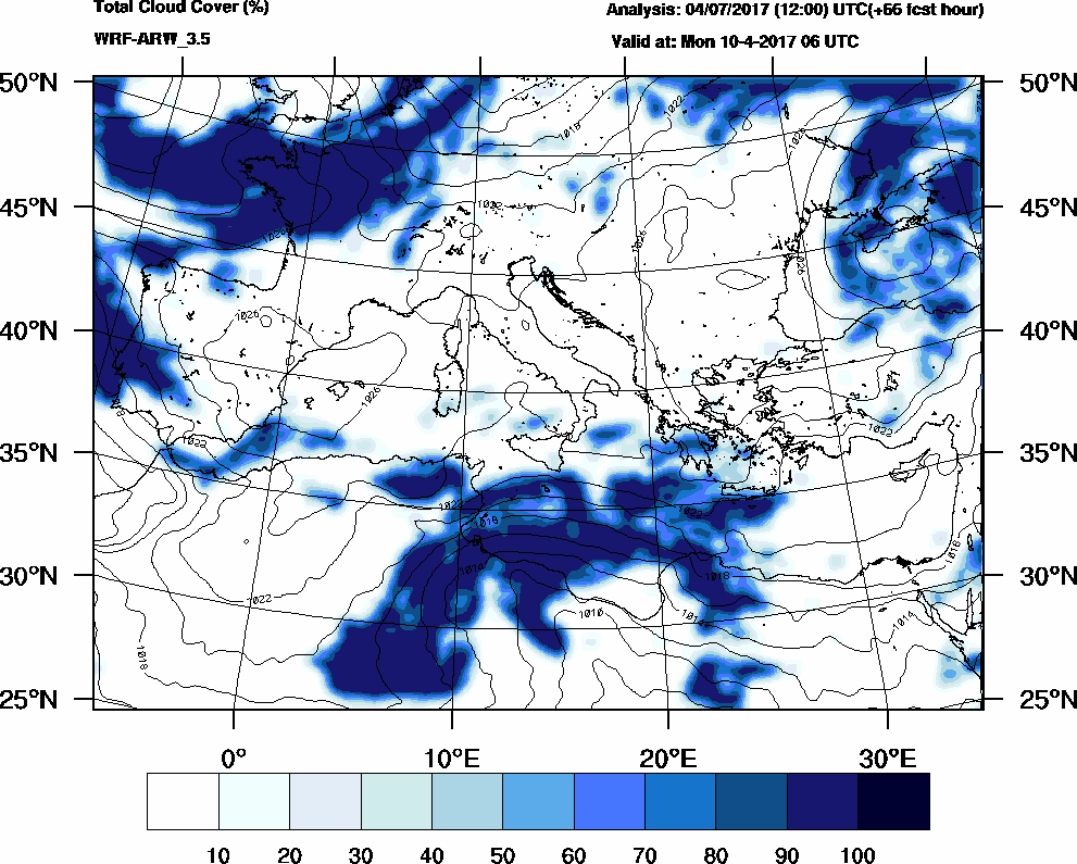 Total cloud cover (%) - 2017-04-10 00:00