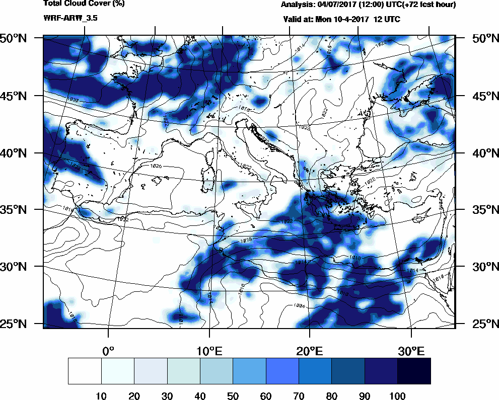 Total cloud cover (%) - 2017-04-10 06:00