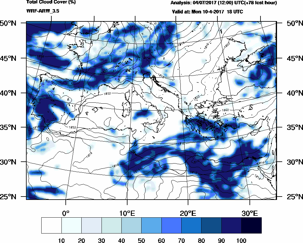 Total cloud cover (%) - 2017-04-10 12:00