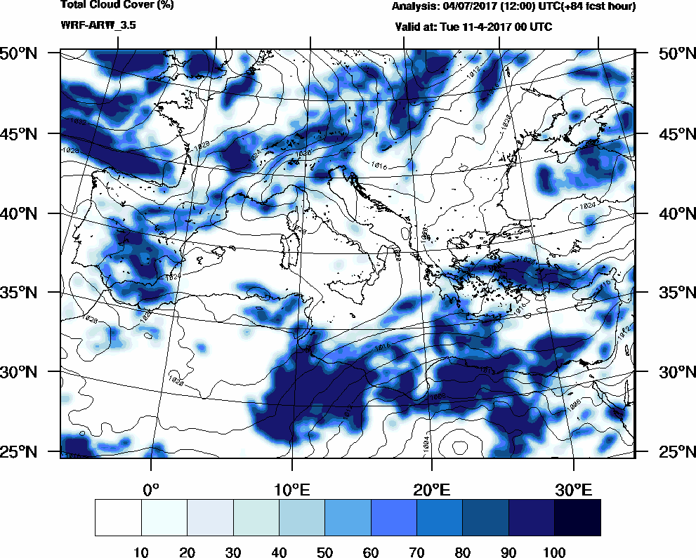 Total cloud cover (%) - 2017-04-10 18:00