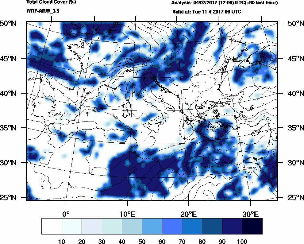 Total cloud cover (%) - 2017-04-11 00:00