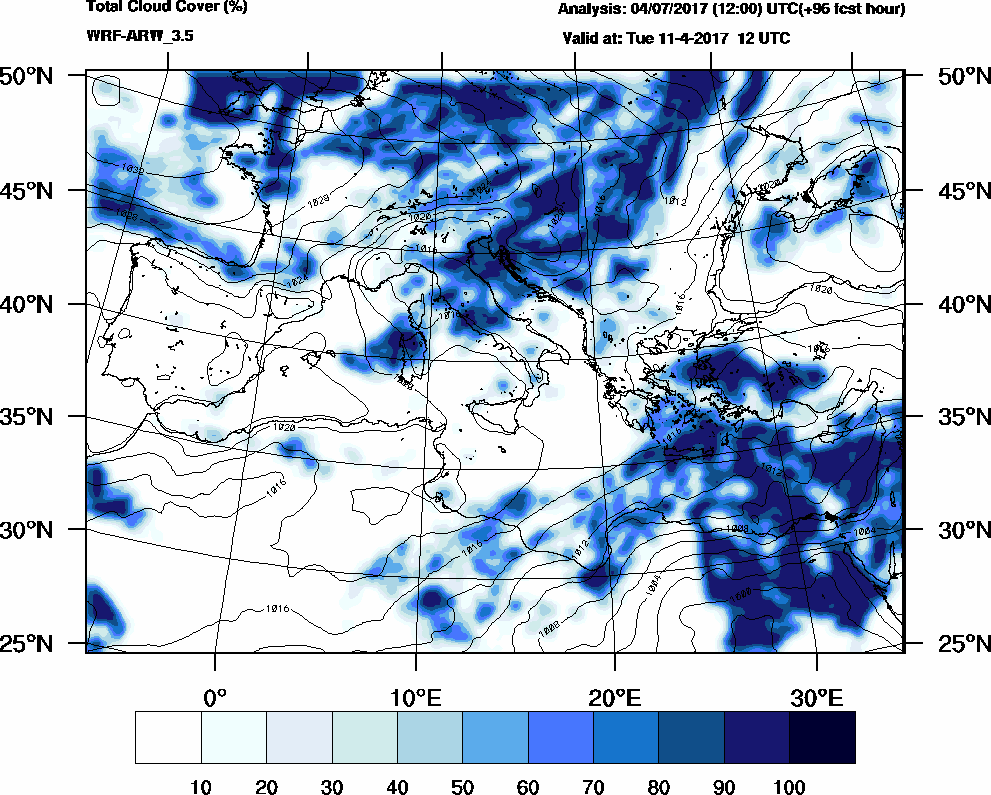 Total cloud cover (%) - 2017-04-11 06:00