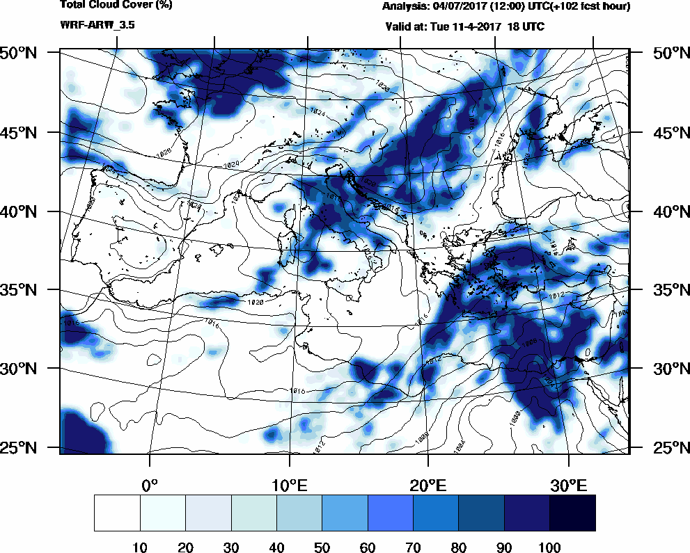 Total cloud cover (%) - 2017-04-11 12:00