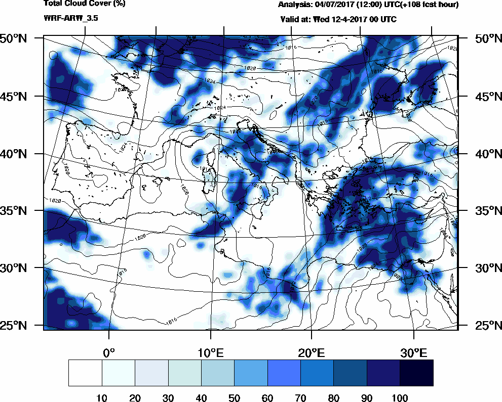 Total cloud cover (%) - 2017-04-11 18:00